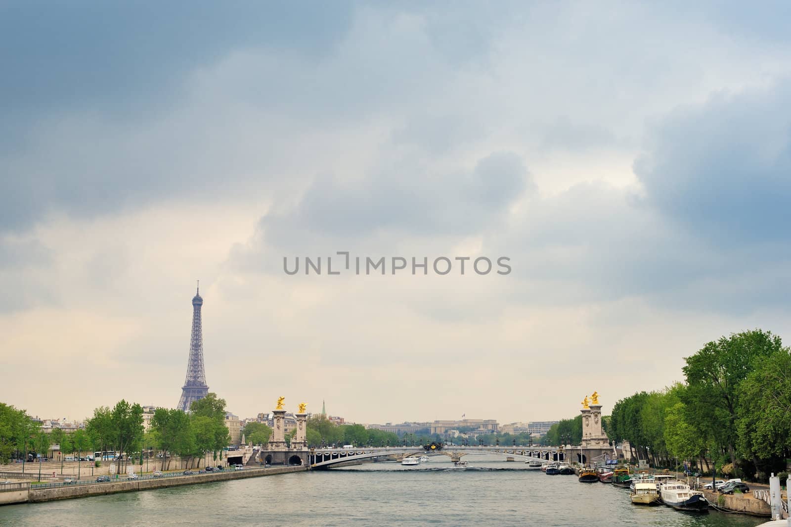 View of bridge Alexander III and Eiffel tower in Paris