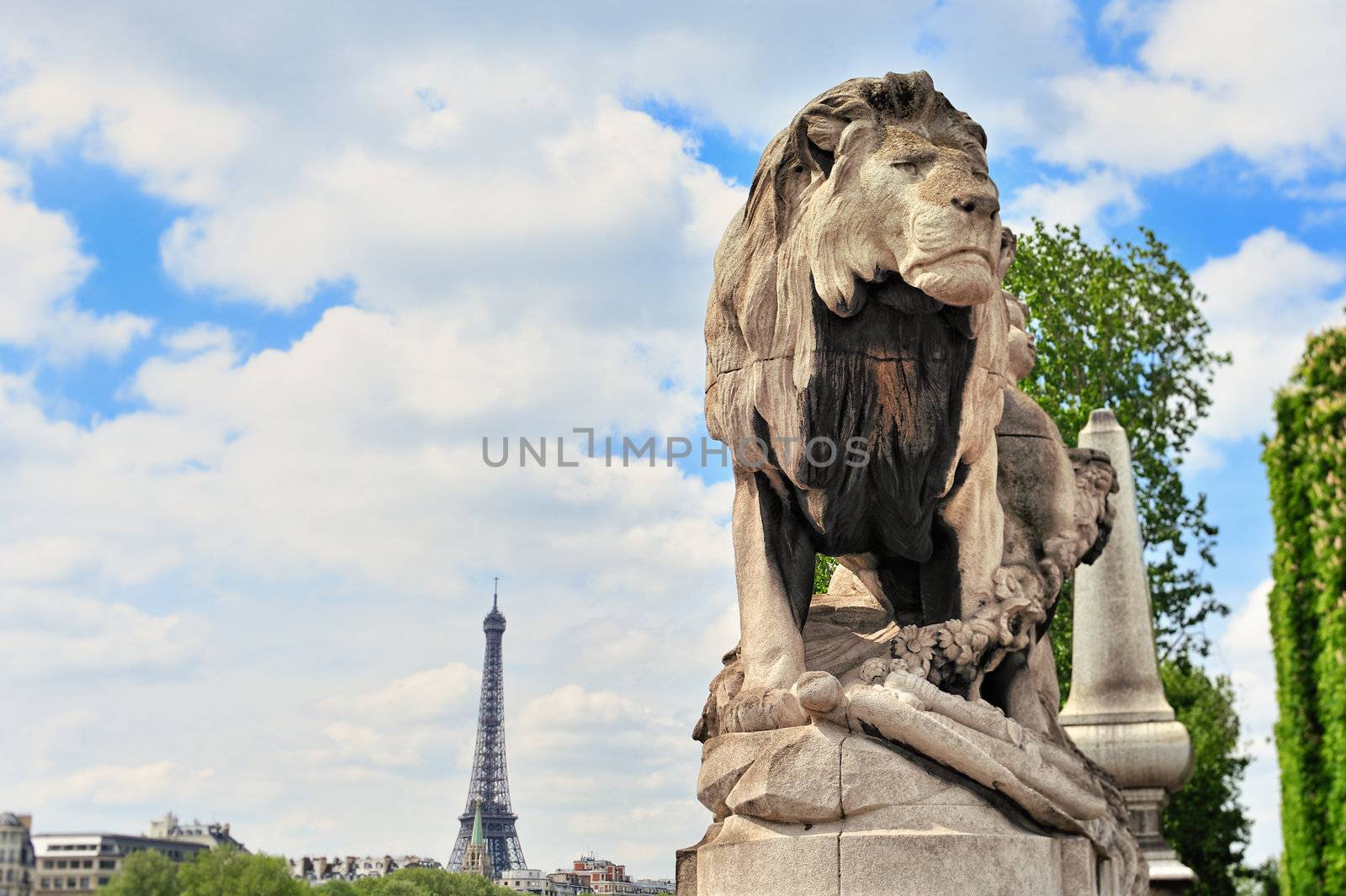 Sculpture lion on the bridge Alexander's III in Paris. Photo with tilt-shift lens