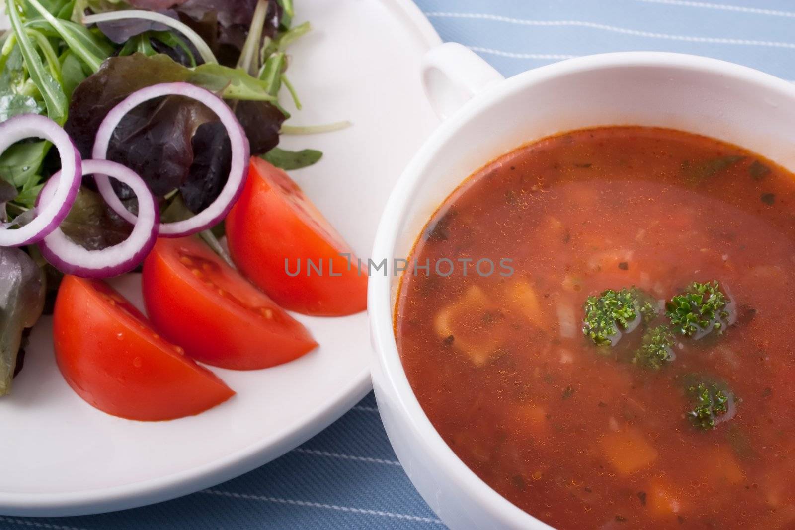 Minestrone soup and a side salad with greens onions and tomatoes for a great low calorie and nutritious lunch.