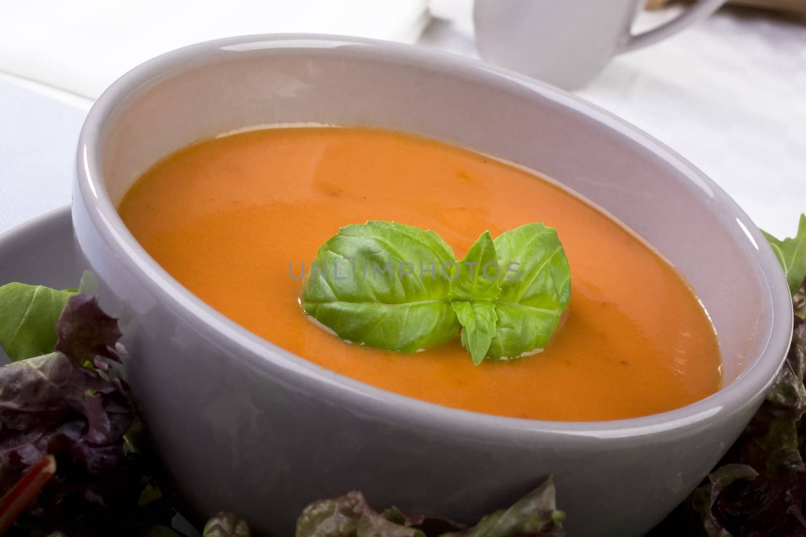 Enticing tomato soup with basil leaves as garnish.  Great lunch for the dieter.  