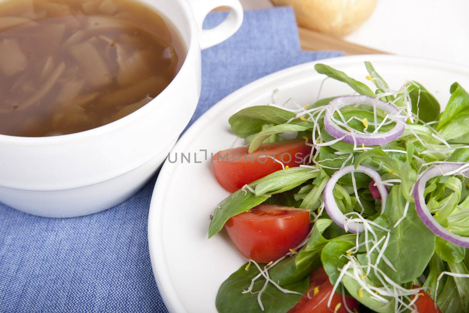 Onion soup with fresh green salad.