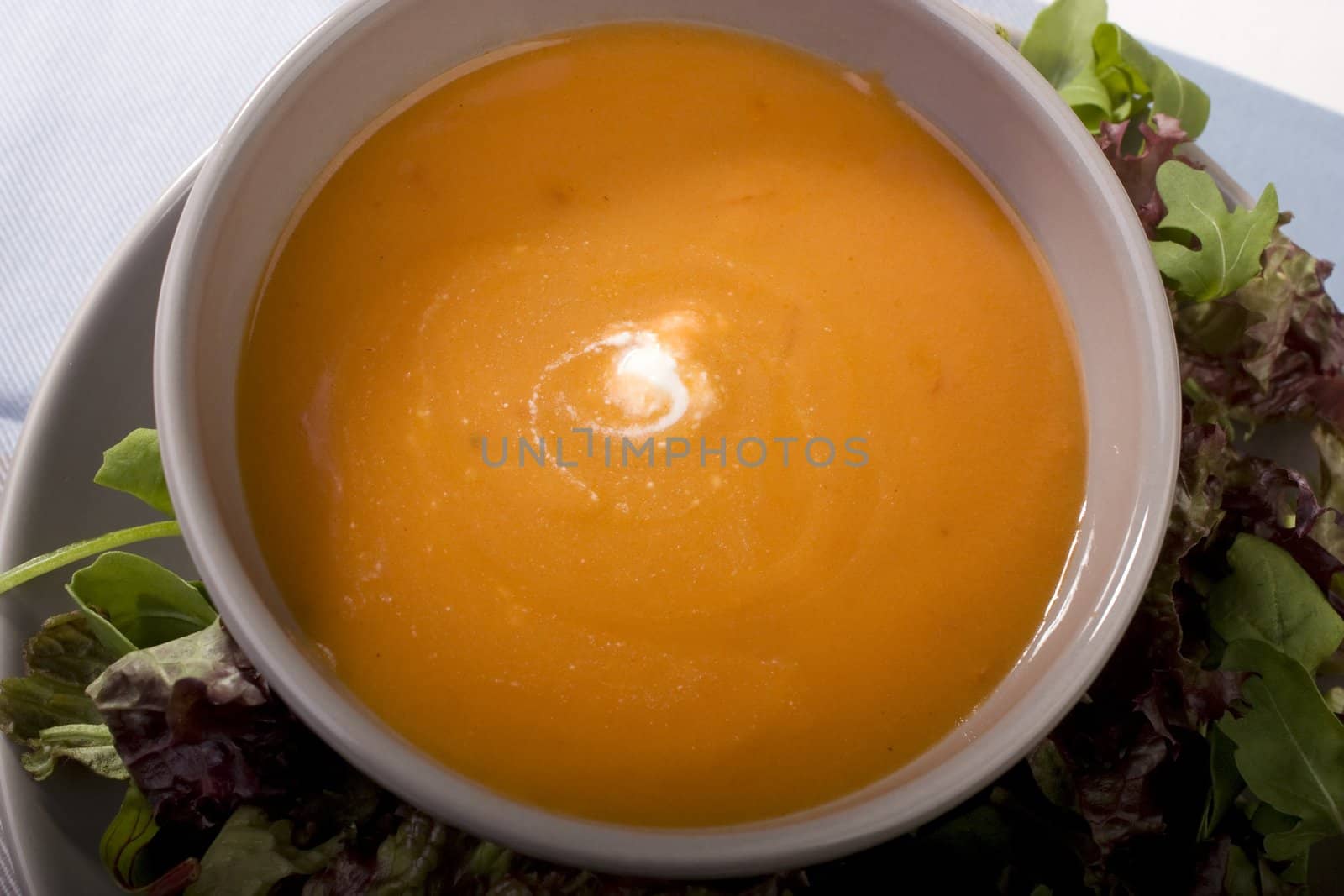Bowl of tomato soup with cream, shot from directly above. 