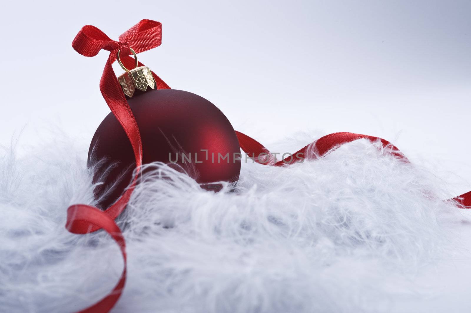 christmas ball with decorative red ribbon on feather