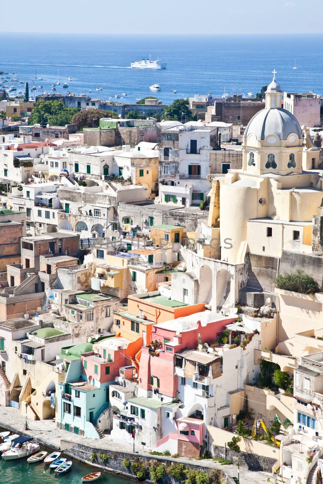Panoramic view of Procida Isle, in Naples Gulf, Italy