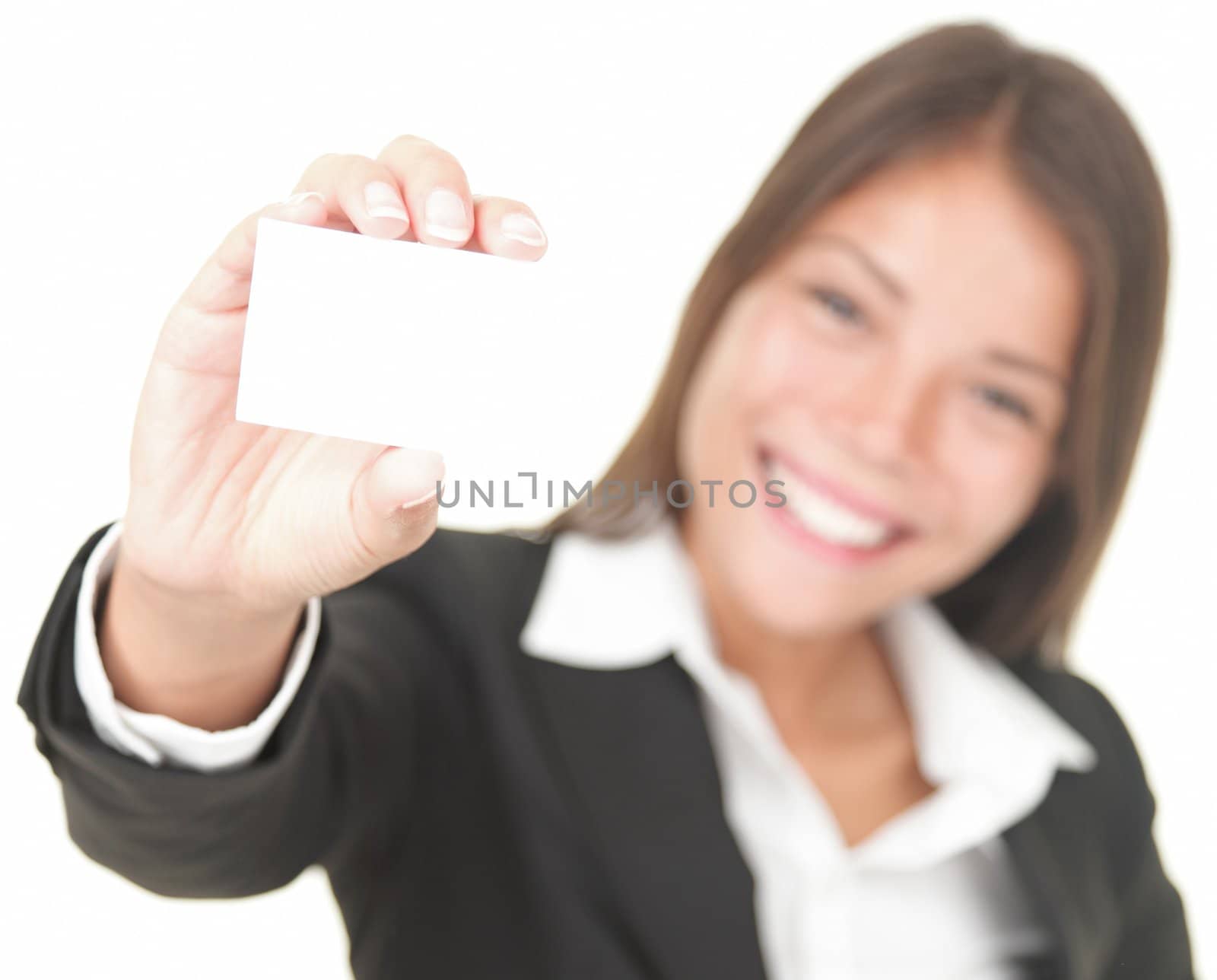 Business card businesswoman in suit. Woman in her 20s showing blank business card sign isolated on white background. Focus on business card