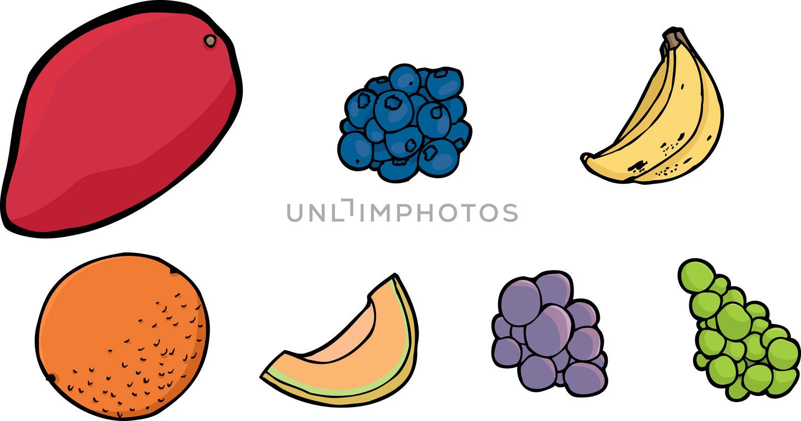 Isolated illustrations of mango, blueberries, bananas, orange, cantaloupe slice and grape on white