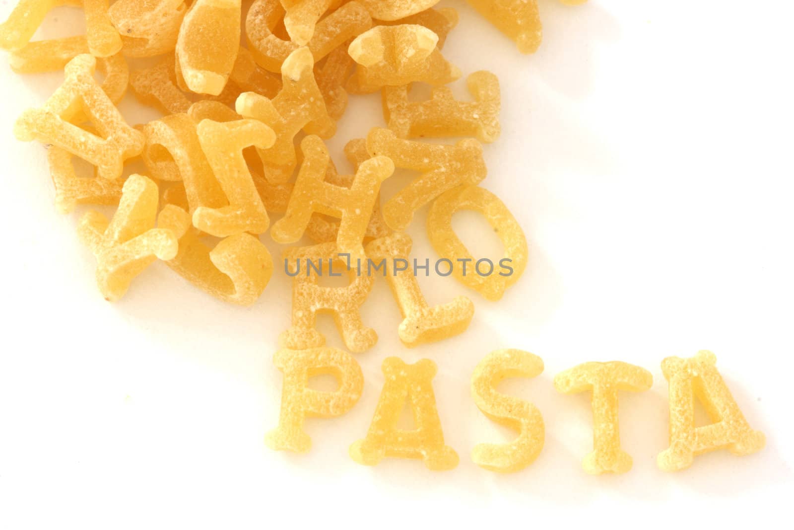 Close up of raw pasta alphabet forming word pasta