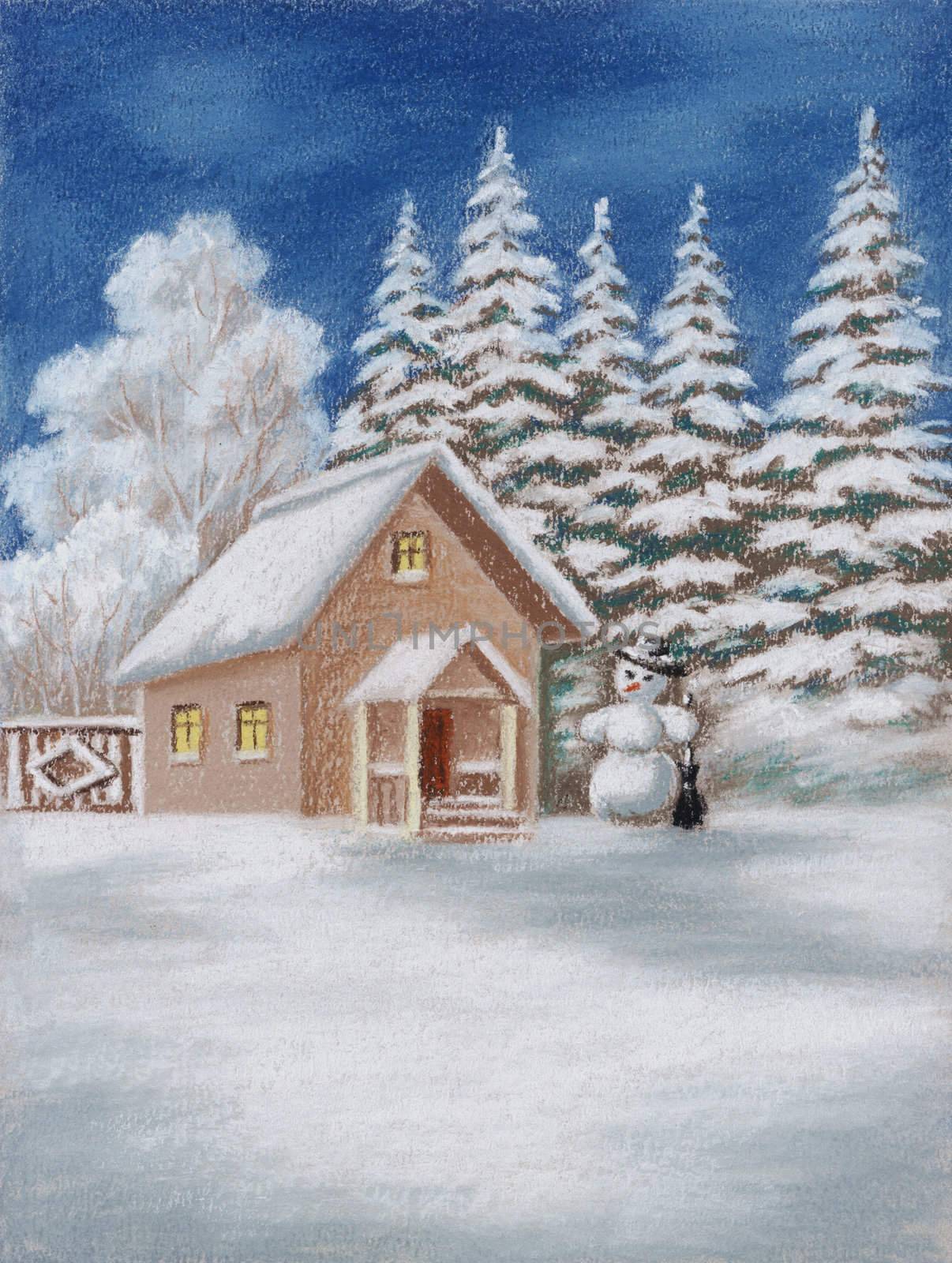 House in forest and snowman by alexcoolok