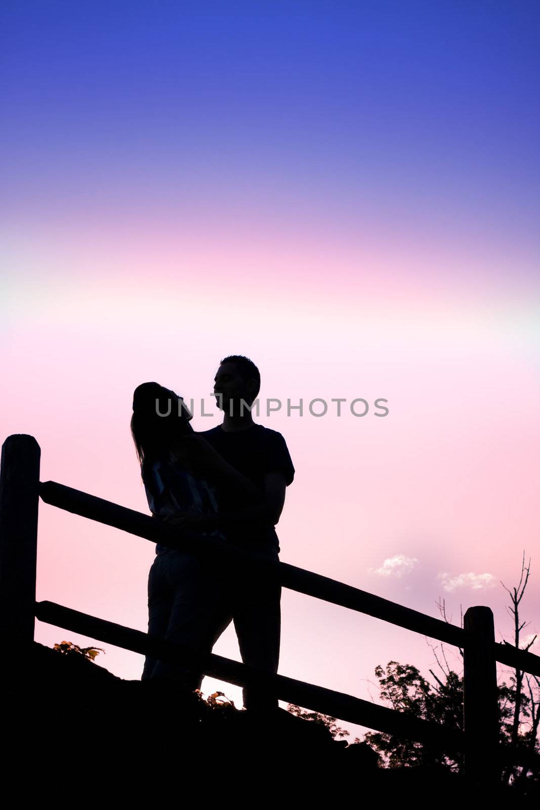 Silhouette of an affectionate couple romantically kissing each other in the early evening hours.