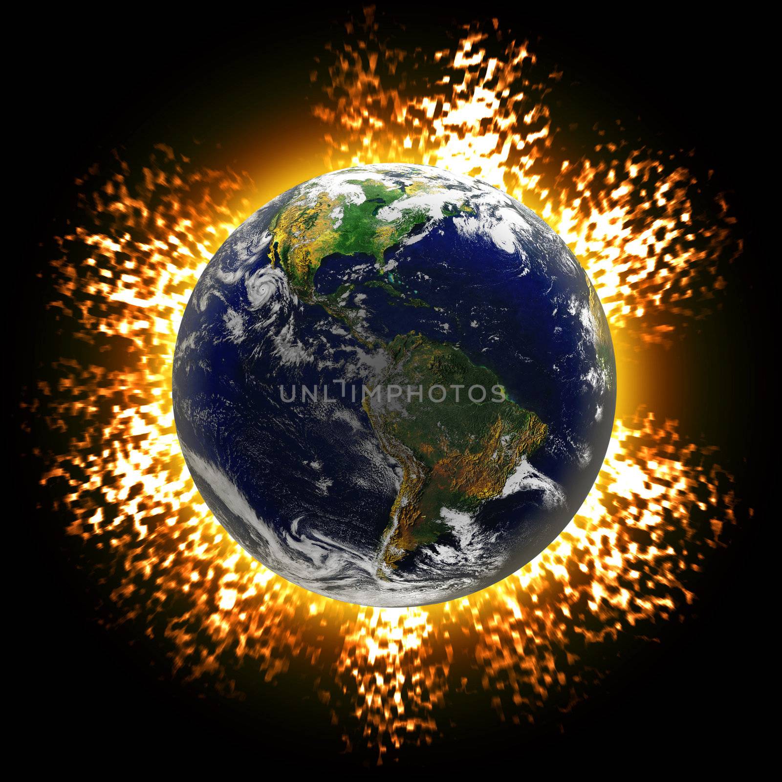 Illustration of an exploding planet earth or asteroid collision against the globe.  Earth image courtesy of NASA.