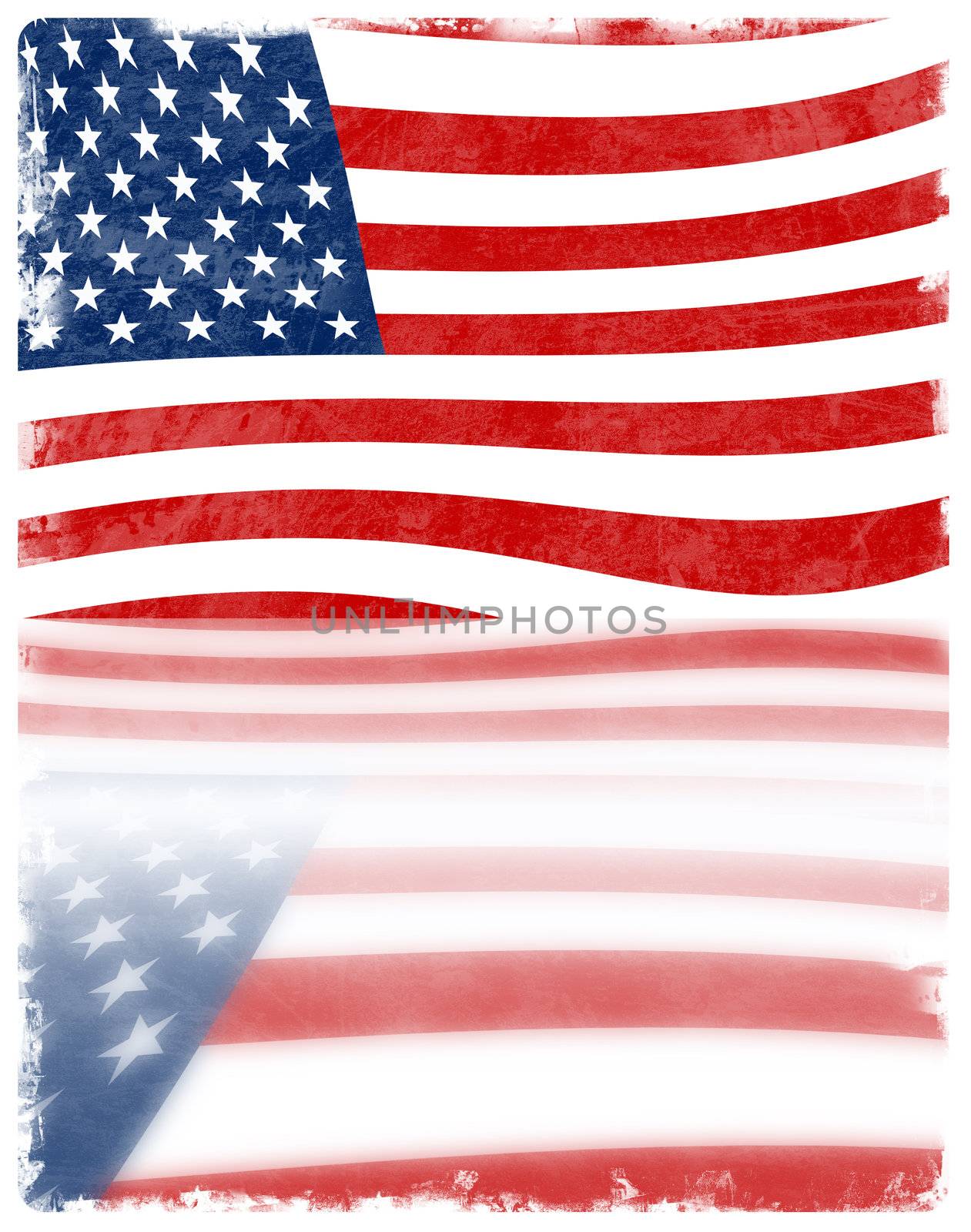 Computer designed highly detailed grunge style  illustration of waving flag of the United States with reflection effect