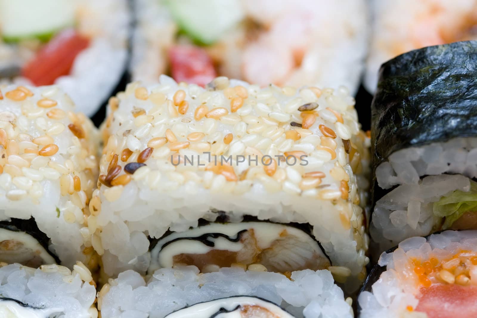 different types of traditional japanese rolls close-up