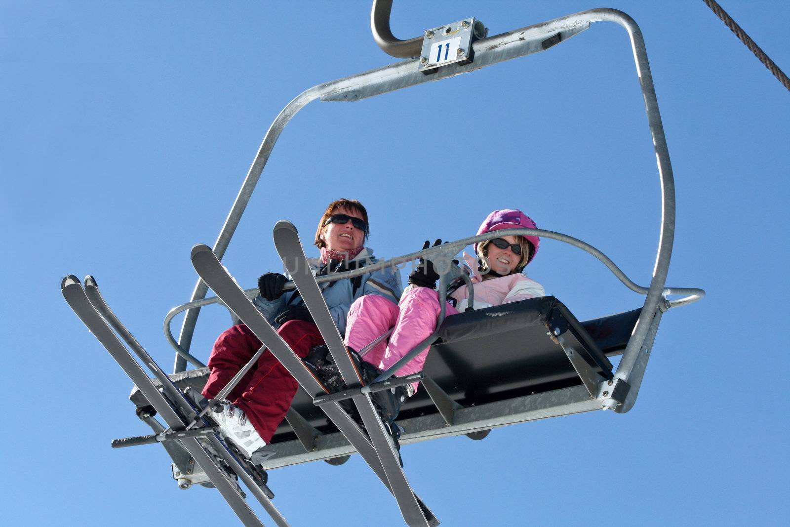 Two women riding the Ski lift by groomee