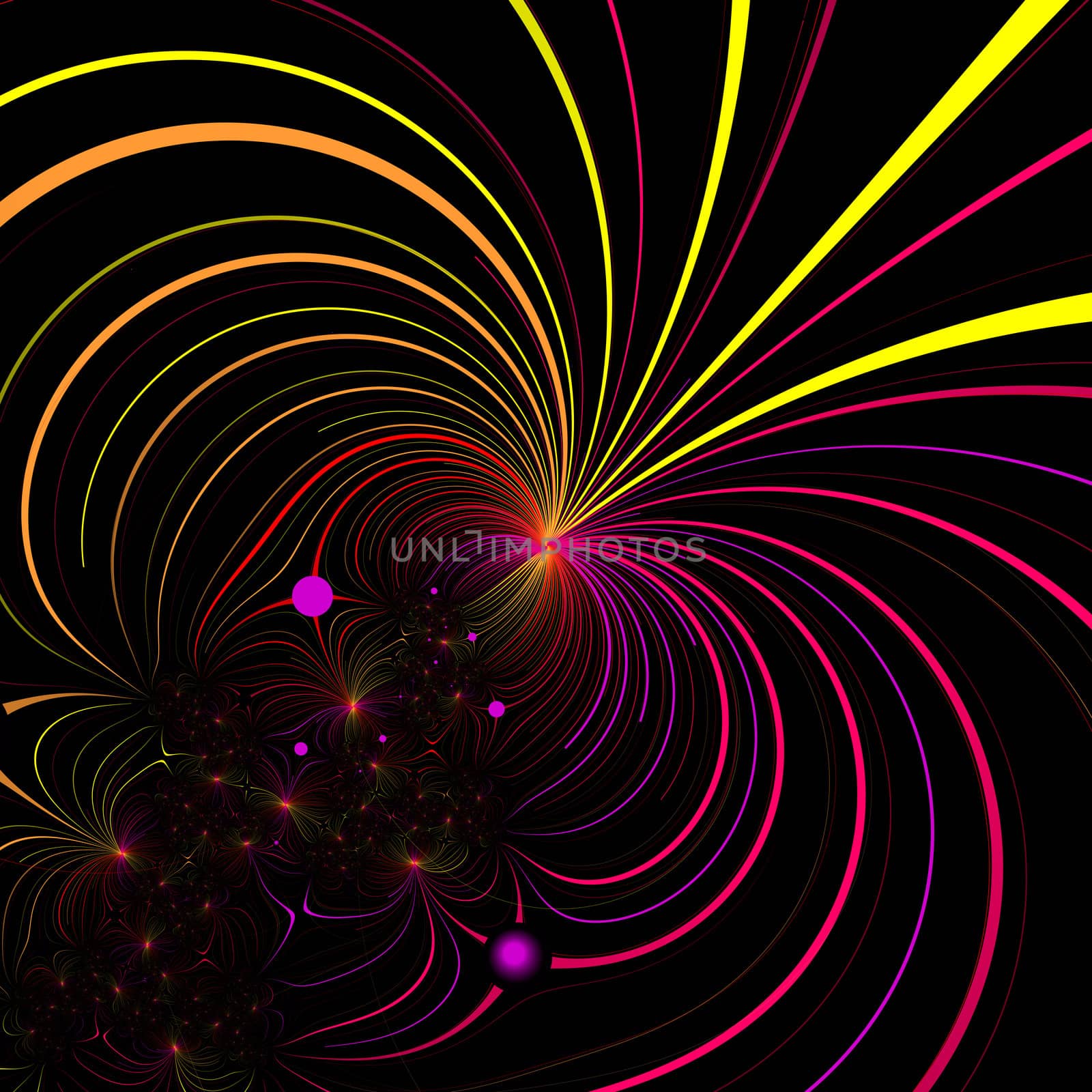 An abstract fractal done in warm saturated colors to look like a sky full of fireworks.