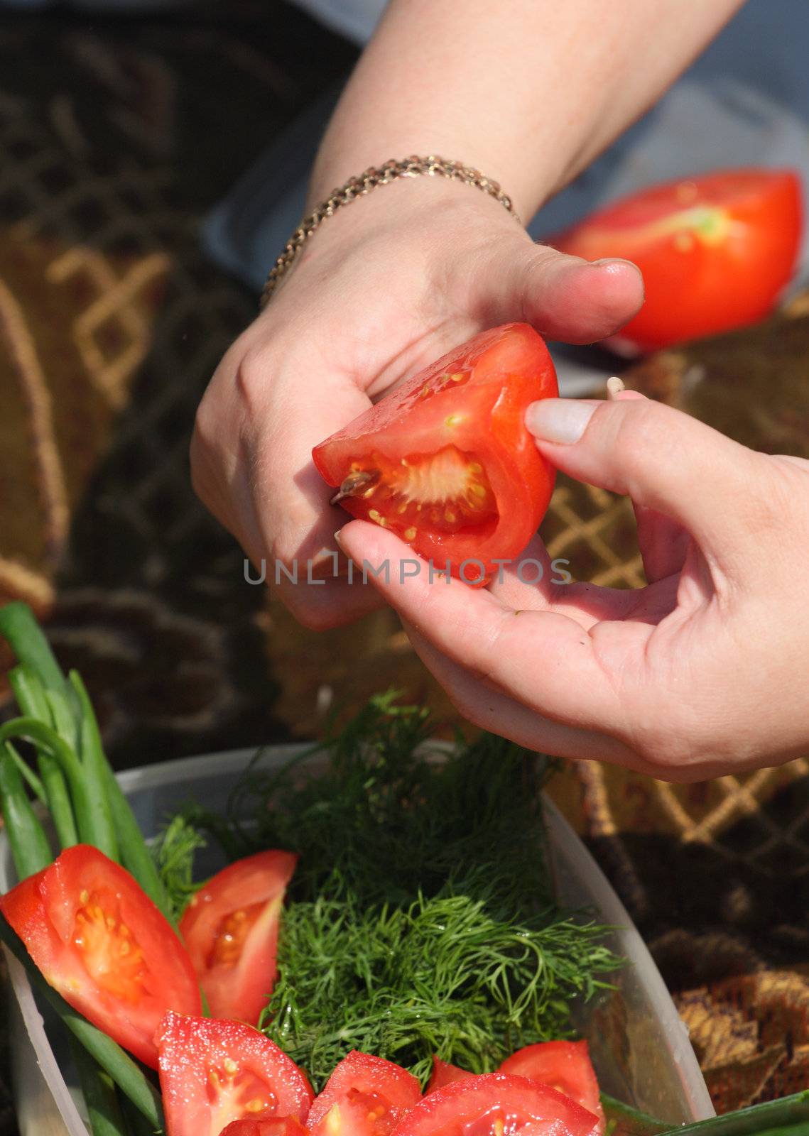 Tomato, vegetable, hand, knife, onion, plate, picnic, fennel, meal, food, vitamins