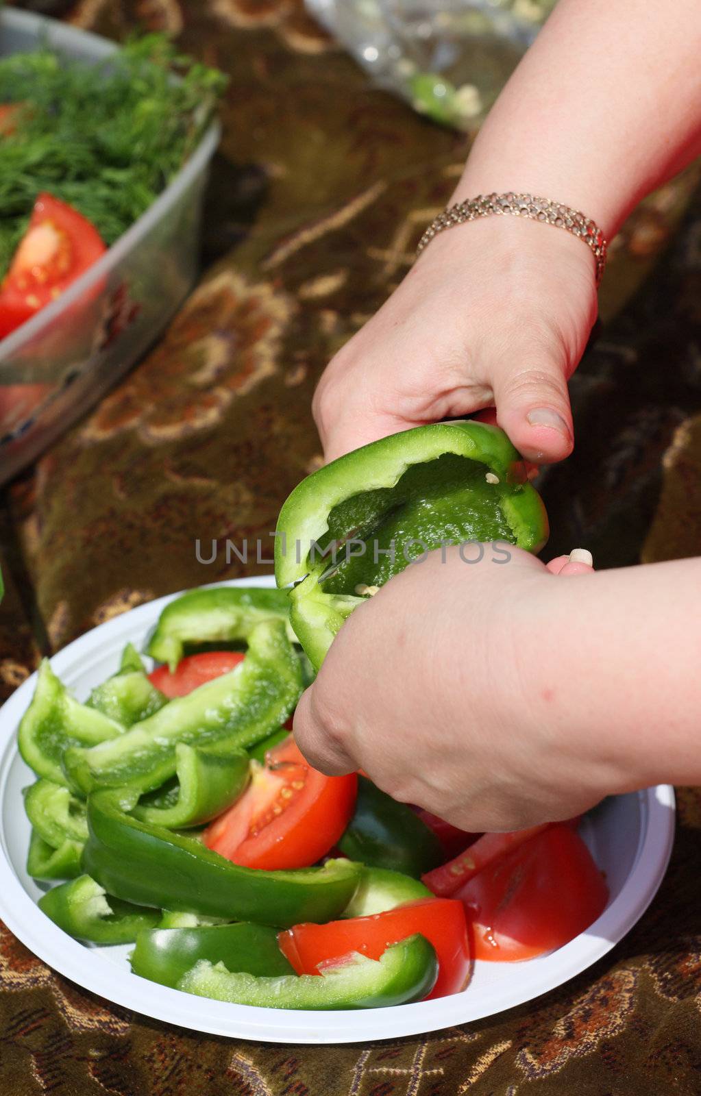 Pepper, vegetable, hand, tomato, knife, plate, picnic, fennel, meal, food, vitamins