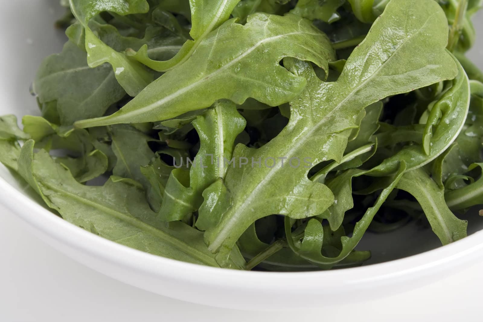 Closeup of fresh raw arugula greens in a white bowl.