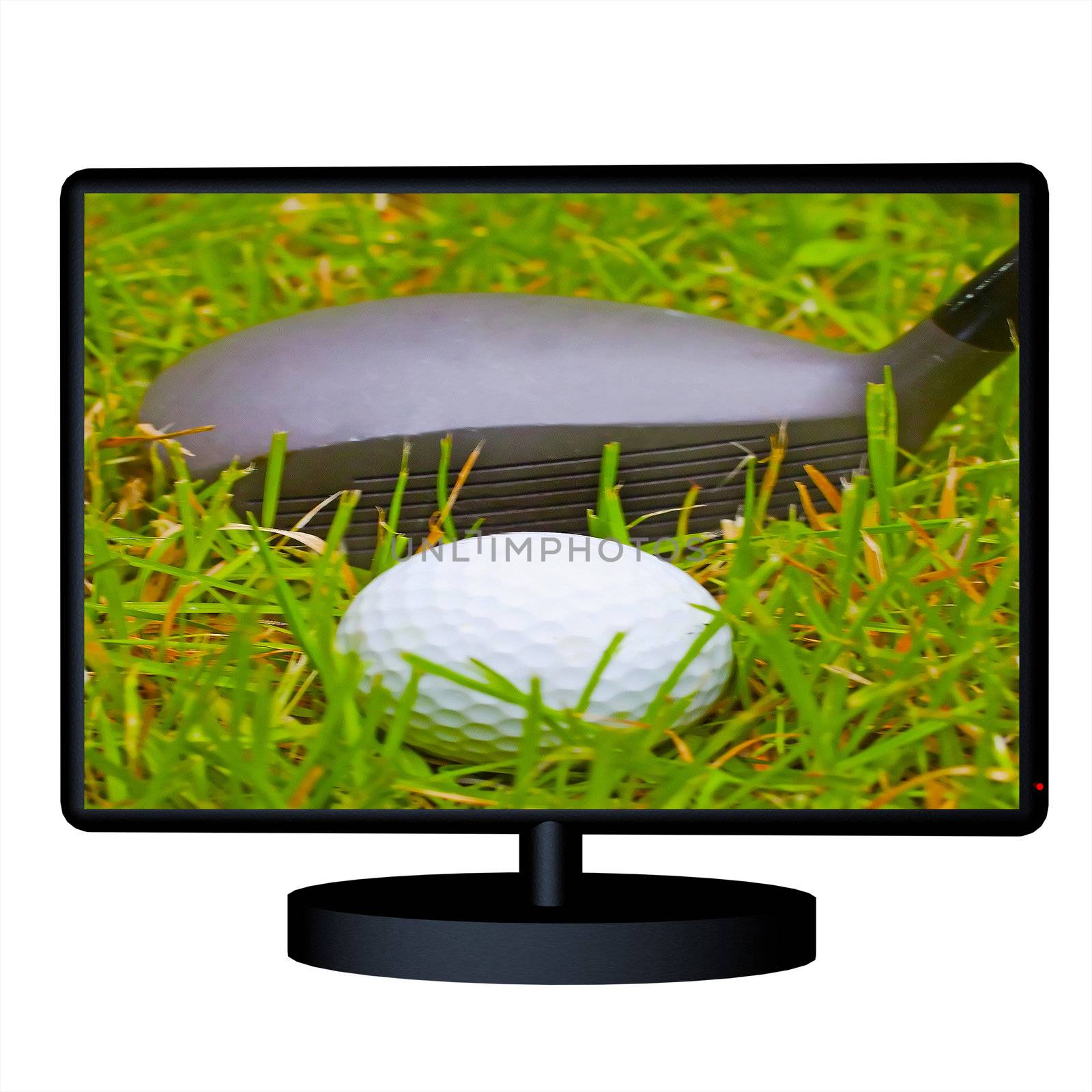 Strict closeup of golf club and ball in green grass in a black tv screen