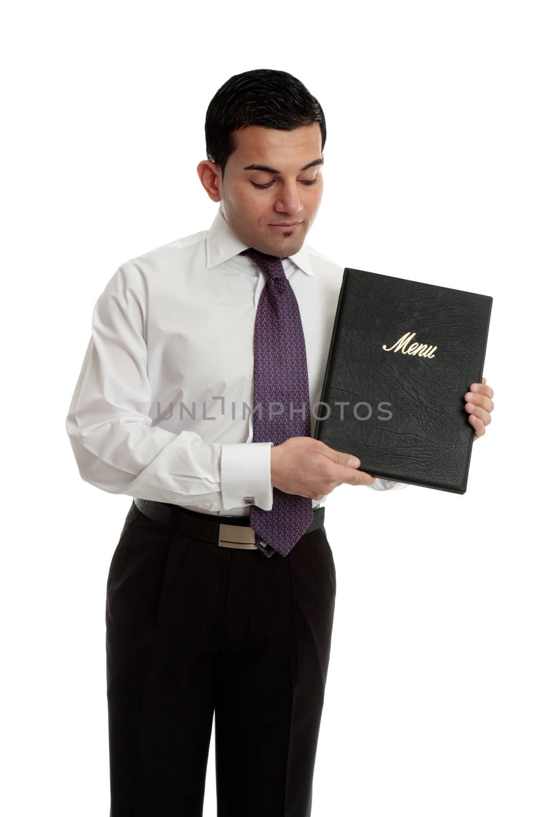 A professional businessman, waiter, restauranteur holding and presenting a black leatherbound folder.