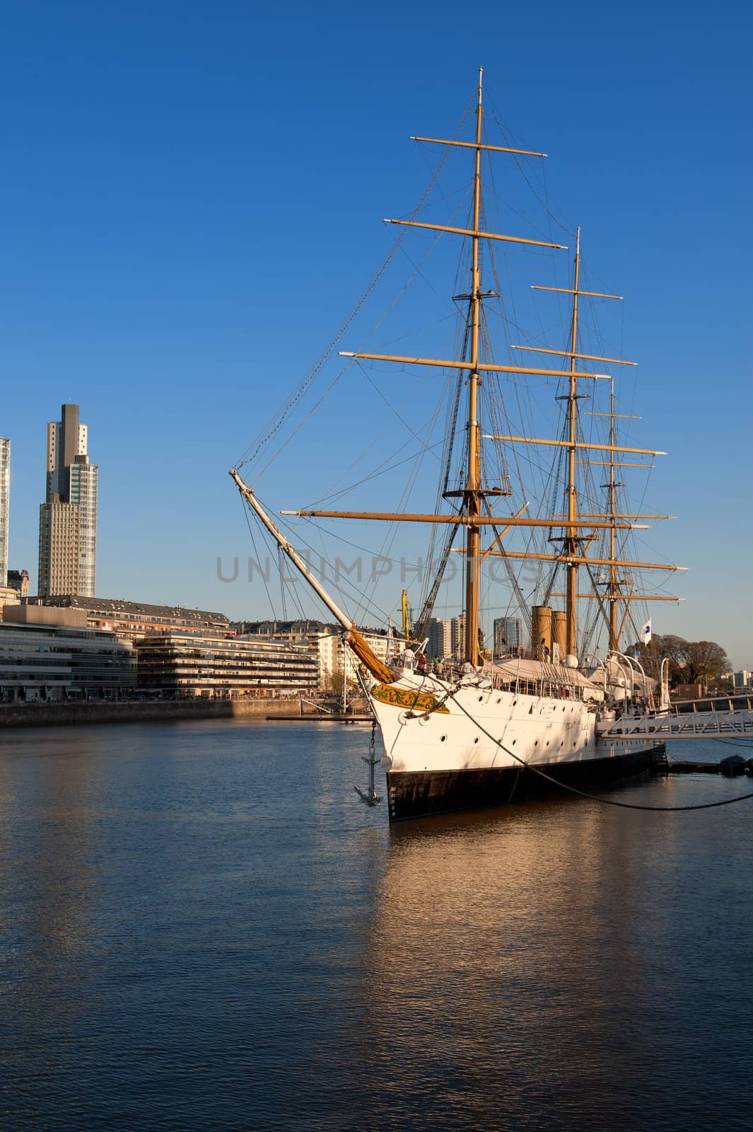 Old frigate in the harbor of Puerto Madero, touristic neighborhood in Buenos Aires, Argentina 