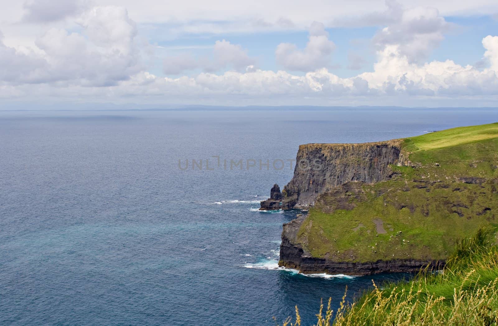 The Cliffs of Moher in County Clare, Ireland. This is on the Atlantic Ocean shoreline.