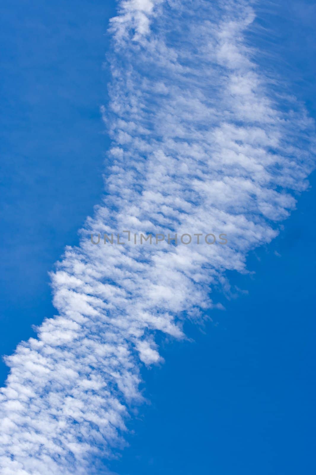 A trail of altocumulus mid-level clouds against a blue sky. The trail of clouds is in a curved formation similar to a cobra snake.