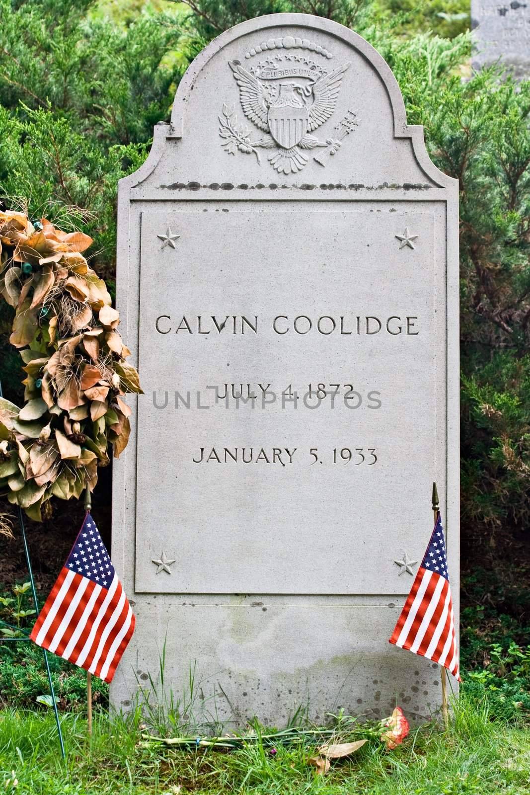 The gravestone of Calvin Coolidge at his gravesite in Plymouth, Vermont.