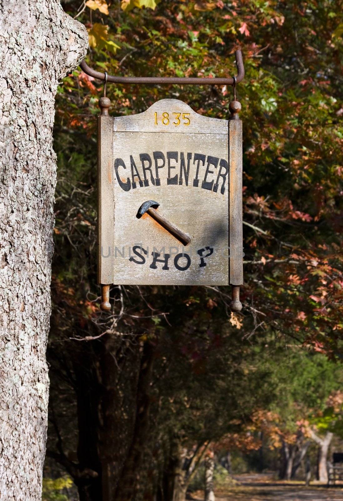 A carpenter shop sign at the carpenter shop in Allaire Village, New Jersey. Allaire village was a bog iron industry town in New Jersey during the early 19th century. 