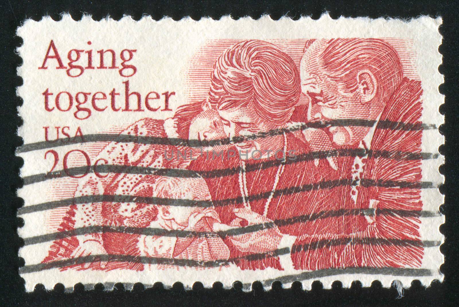 UNITED STATES - CIRCA 1982: stamp printed by Umited States, shows Old Couple with Grandchildren, circa 1982