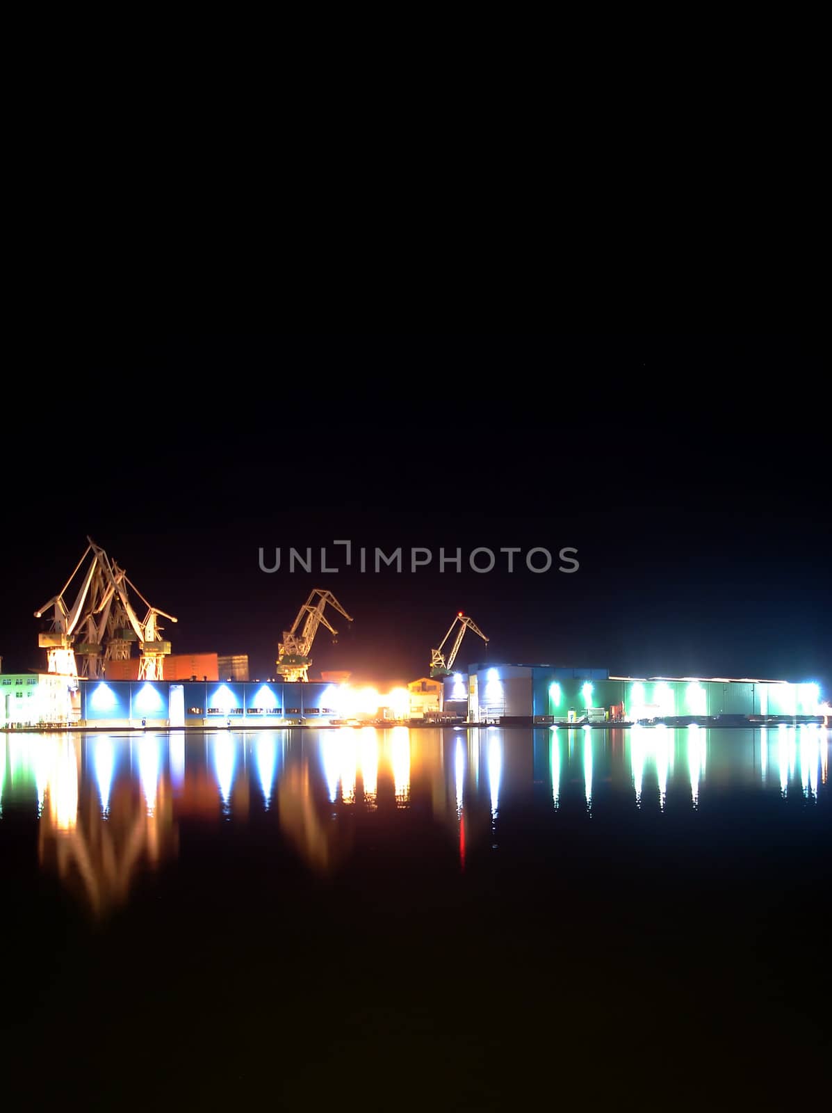 Night photo of a shipyard