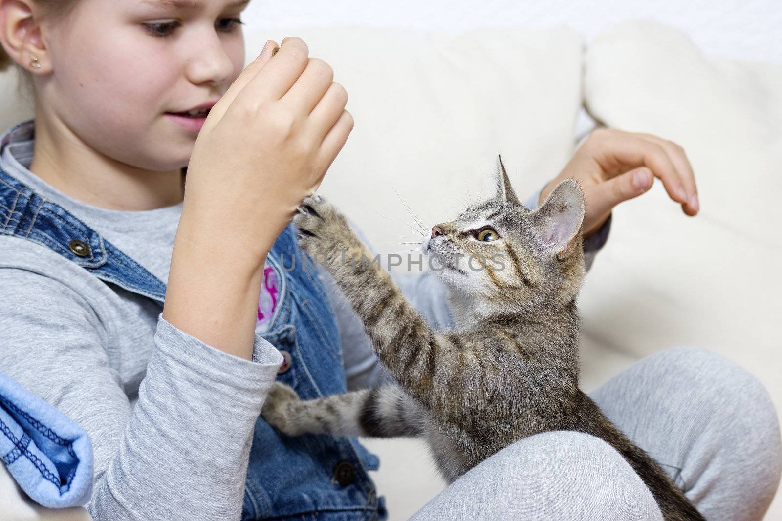 a girl is playing with a kitten by miradrozdowski