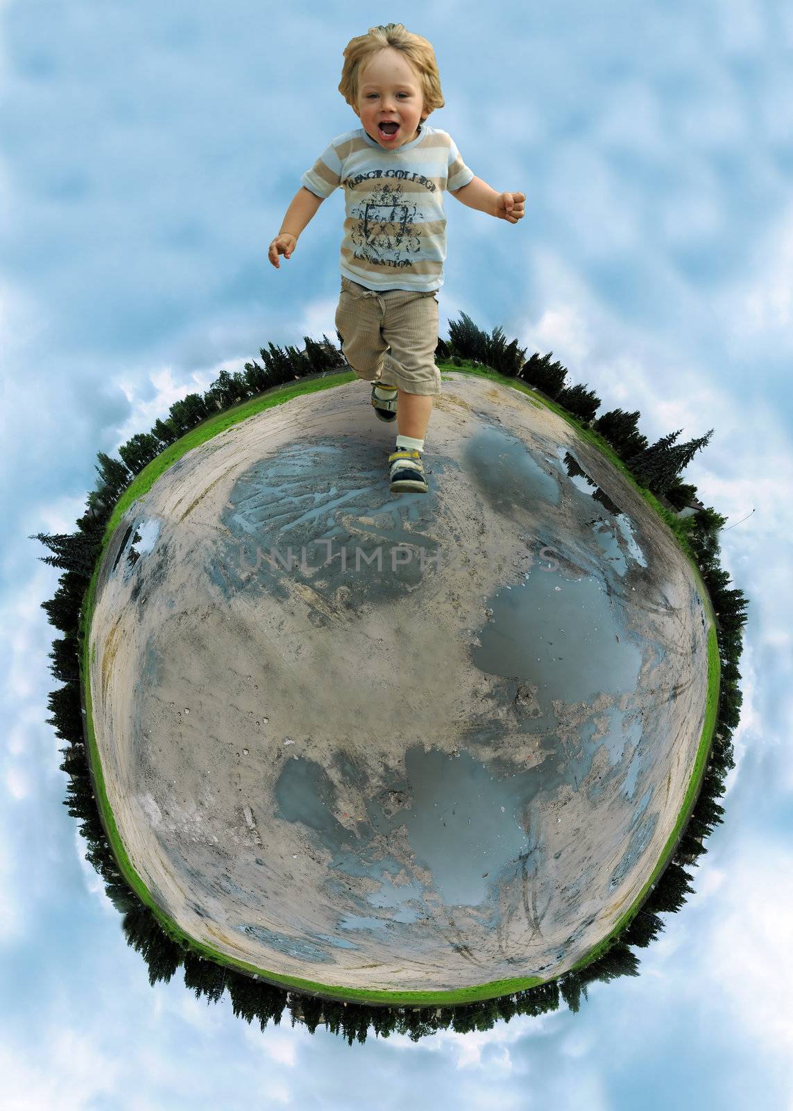 Little boy running on a tiny planet