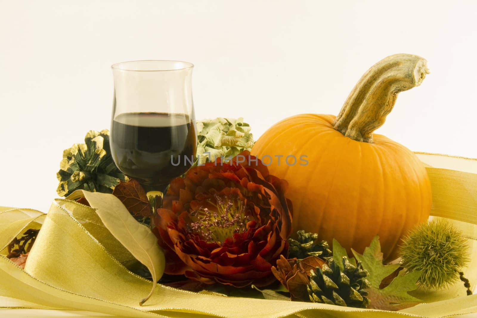 Red wine in an autumn tone glass in a celebratory still life with an orange pumpkin, red blossom, seasonal chestnut burr, pine cone and dry leaves offer an elegant toast to the celebration of autumn