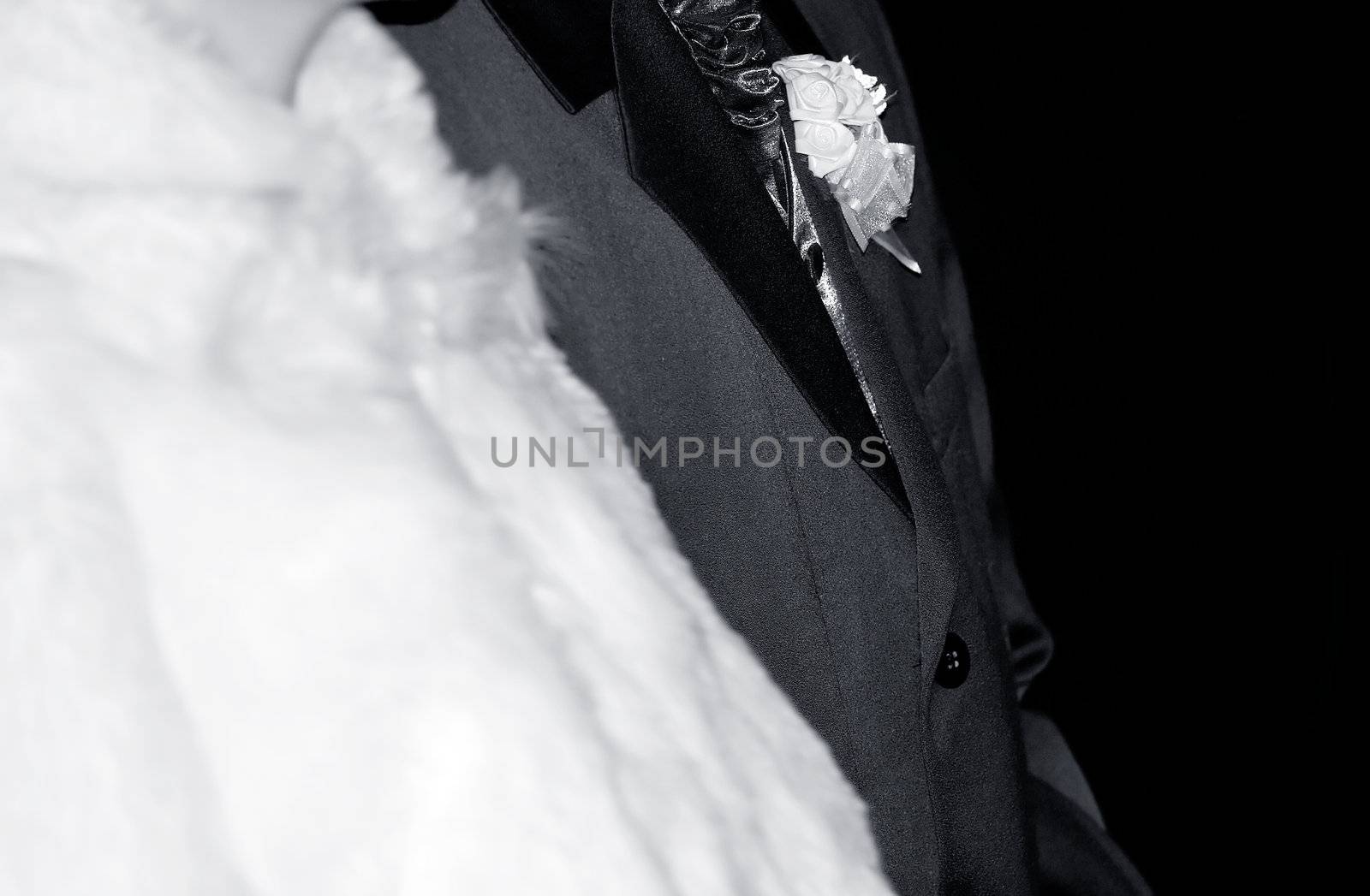 Bride and groom at a wedding ceremony.Shallow DOF black and white photo