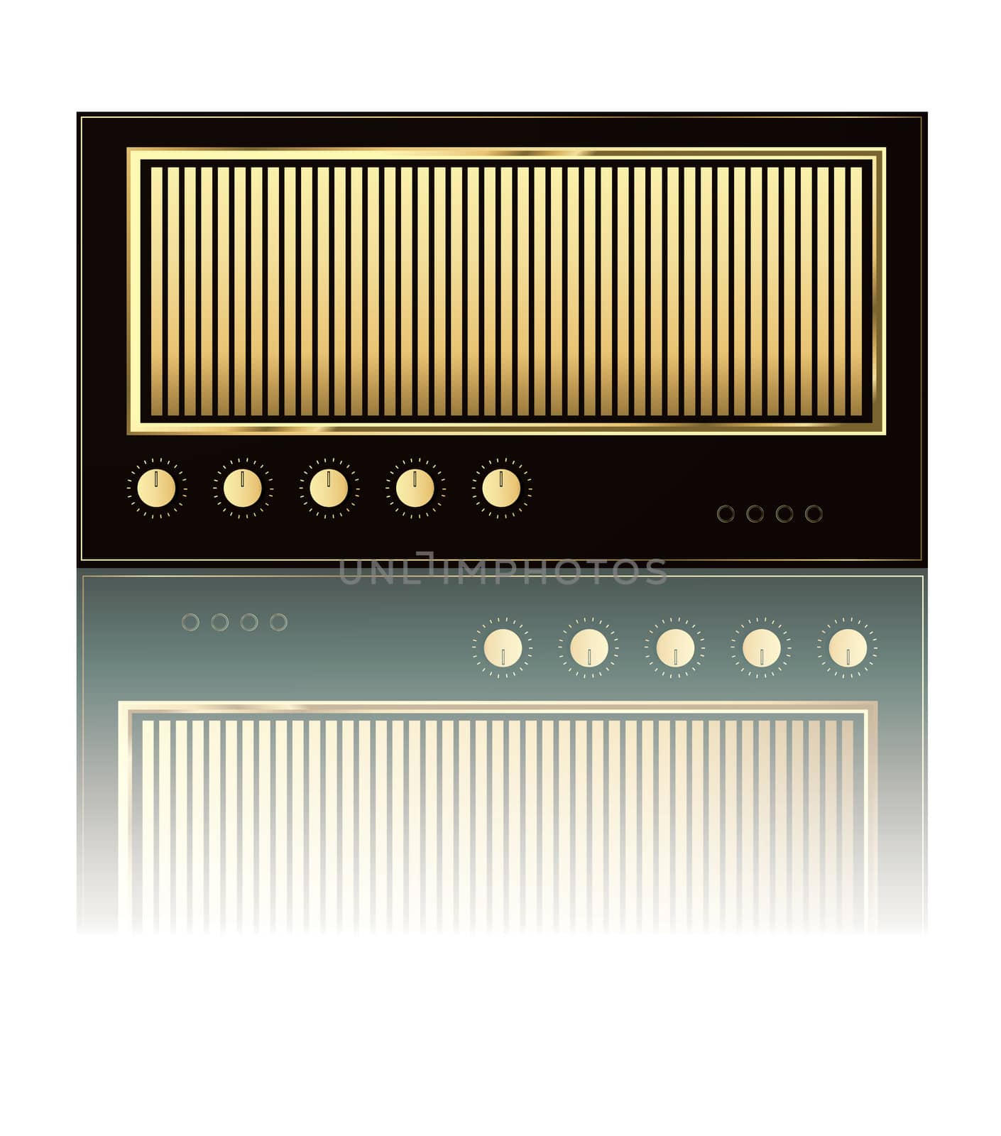 Illustration of retro guitar tube amp on white reflective background