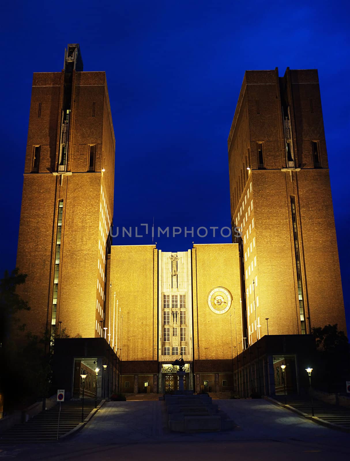 City Hall (Radhuset) in the night. Oslo, Norway