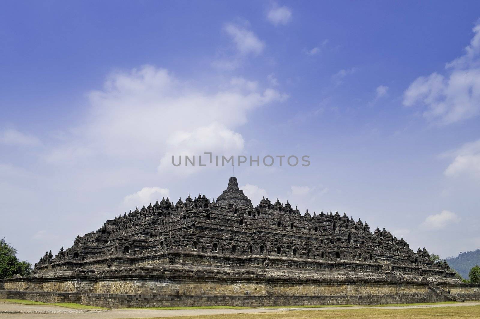 Full view of Buddhist Borobudur Temple in Yogyakarta, Indonesia