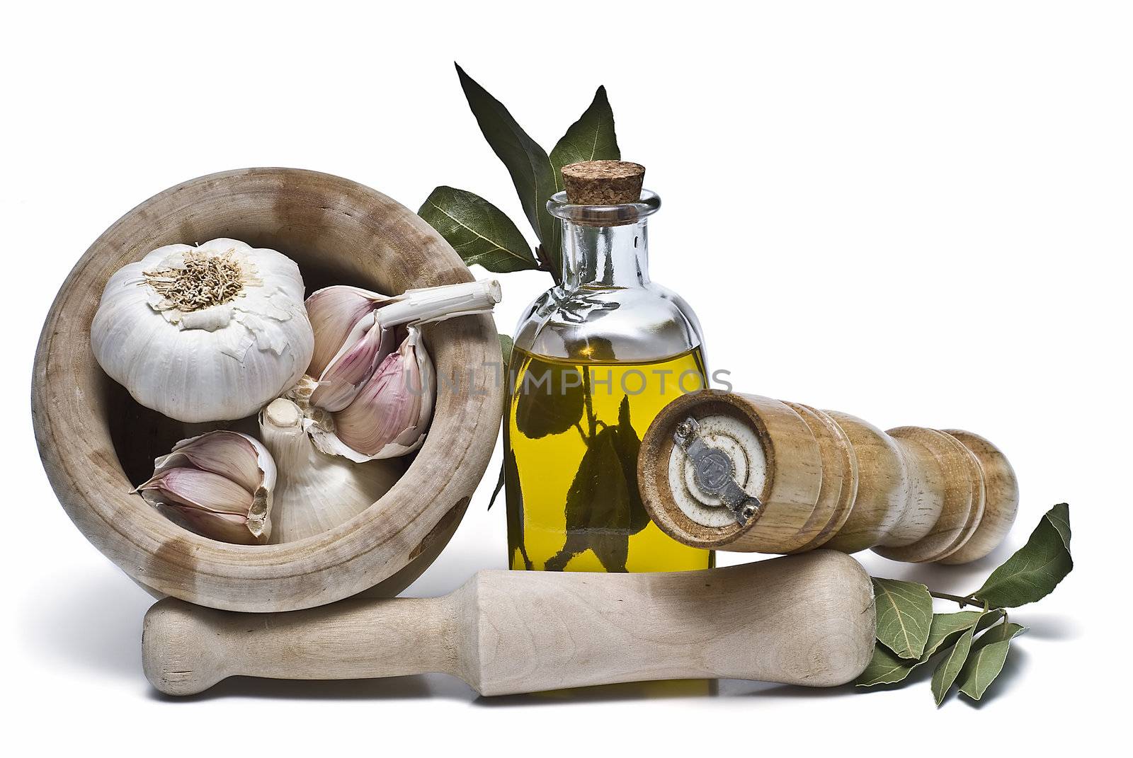 Mediterranean spices and olive oil isolated on a white background.