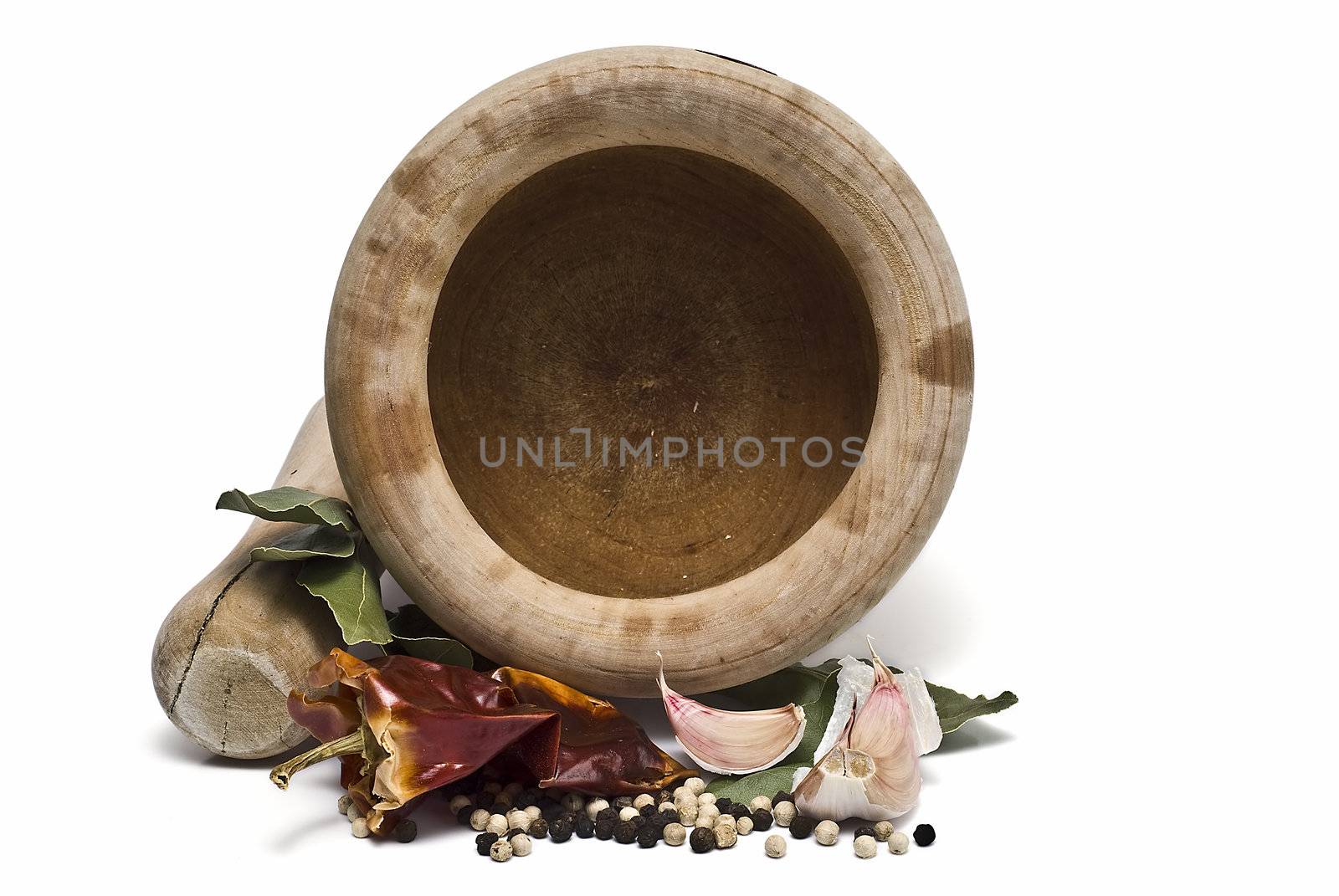 Mediterranean spices and olive oil isolated on a white background.