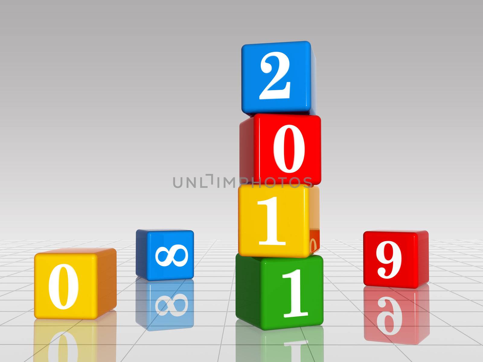 3d colour cubes with white figures with text 2011 with 8,9 and 0, reflection