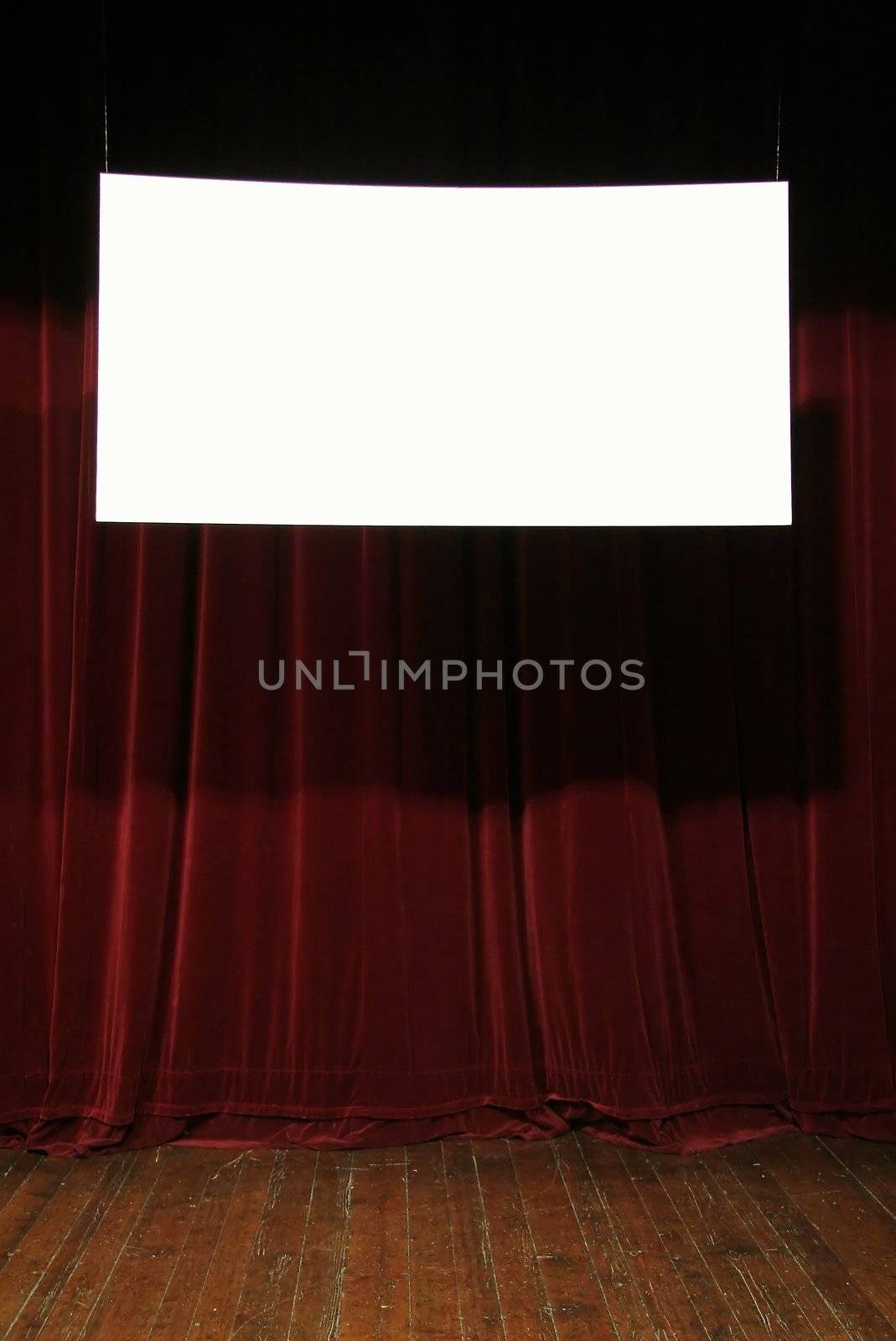 empty white sign, velvet curtain in background, wooden stage
