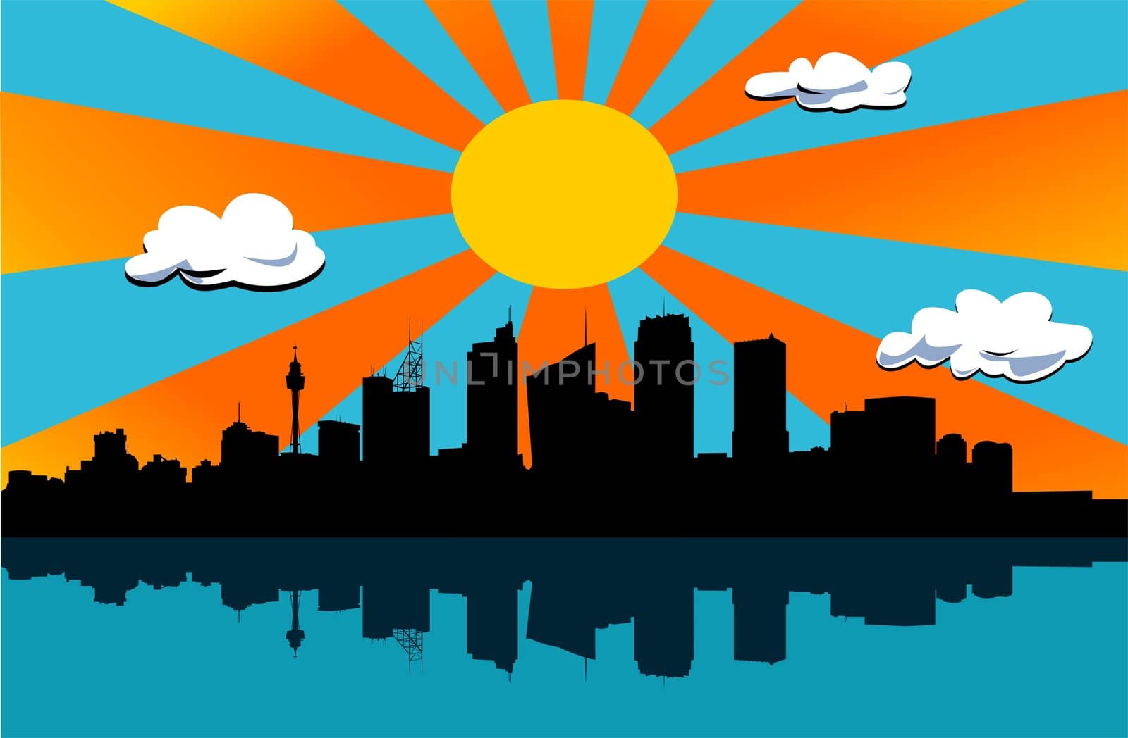 black city scape silhouette, big sun with orange rays in background