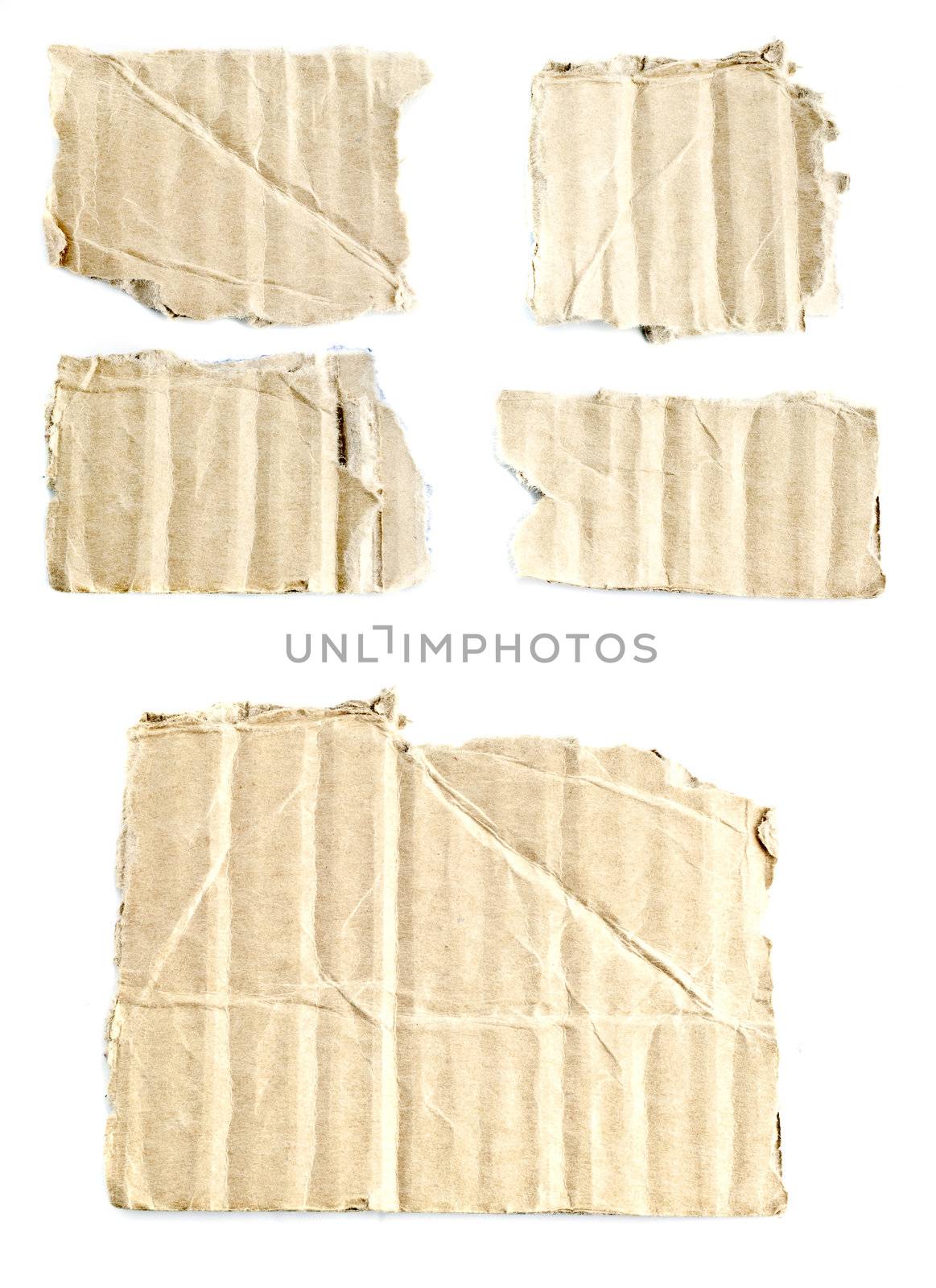 Broken pieces of cardboard boxes on a white background, macro photo