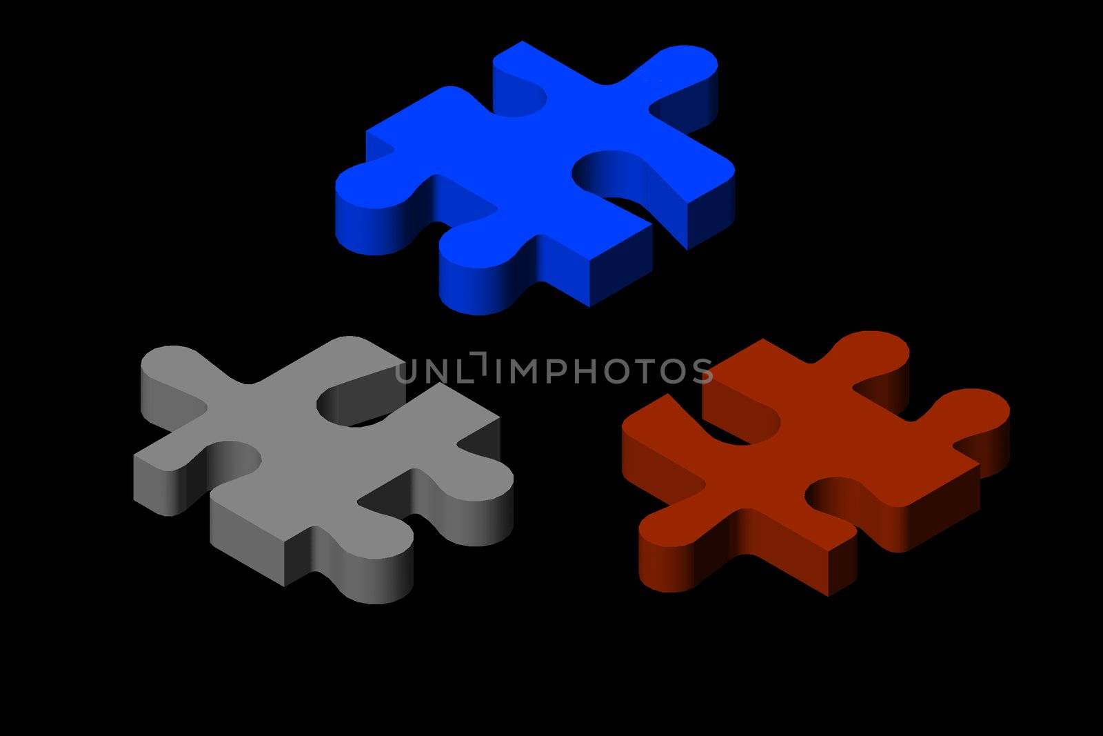 jigsaw puzzle 3 pieces inblue red and gray over a black background.