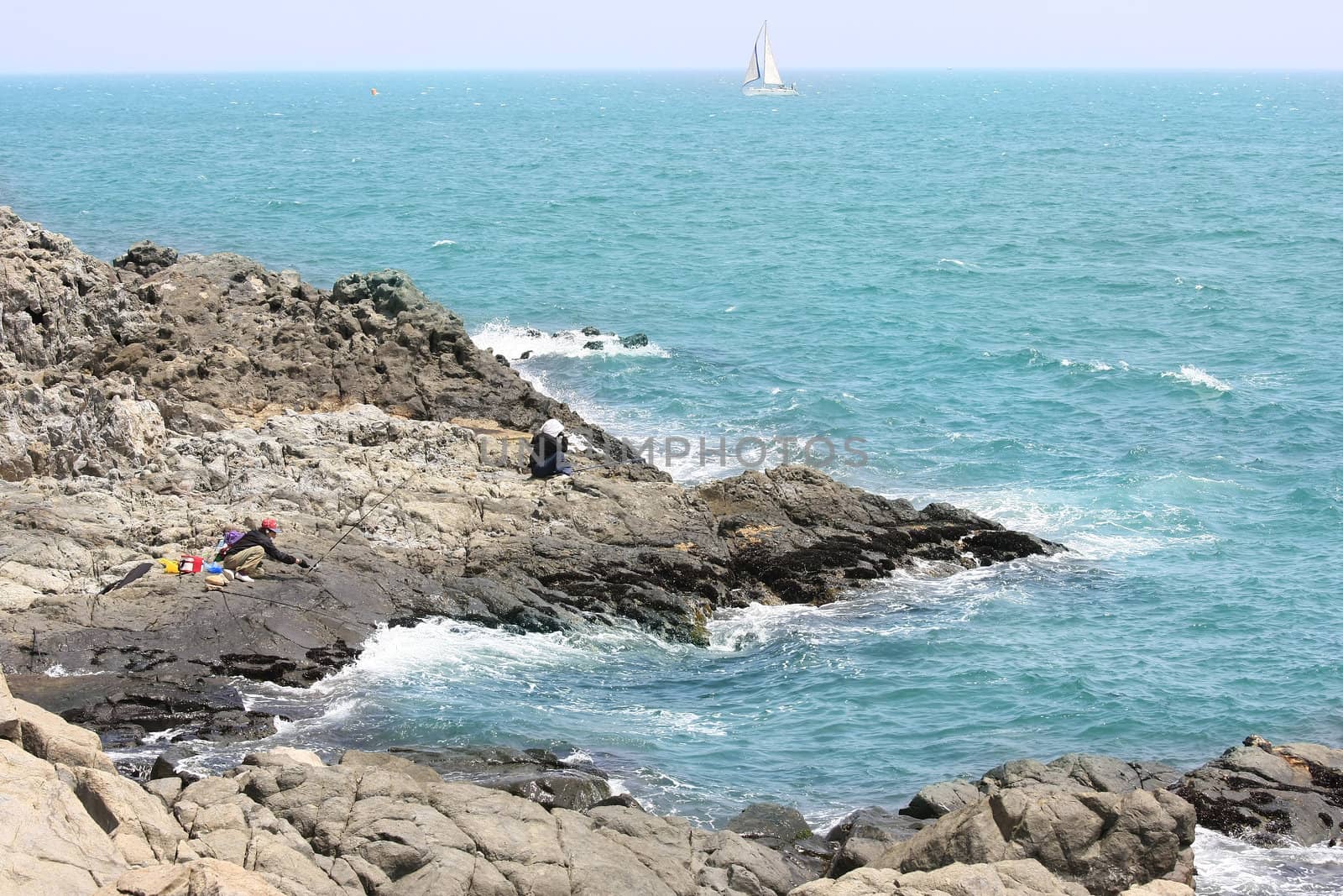 Fishing in a rough sea shore by sacatani