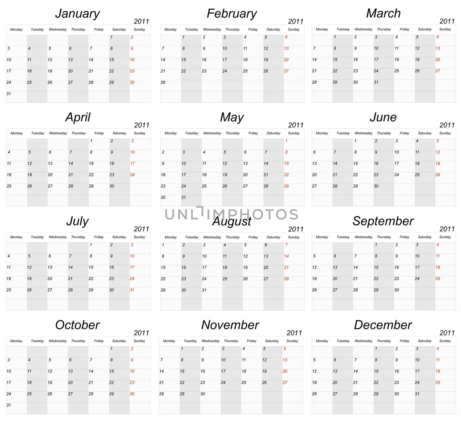 2011 calendar page on a white background, each month on a separate page in the background.