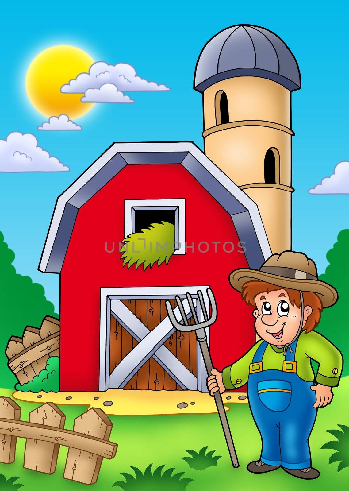 Big red barn with farmer - color illustration.