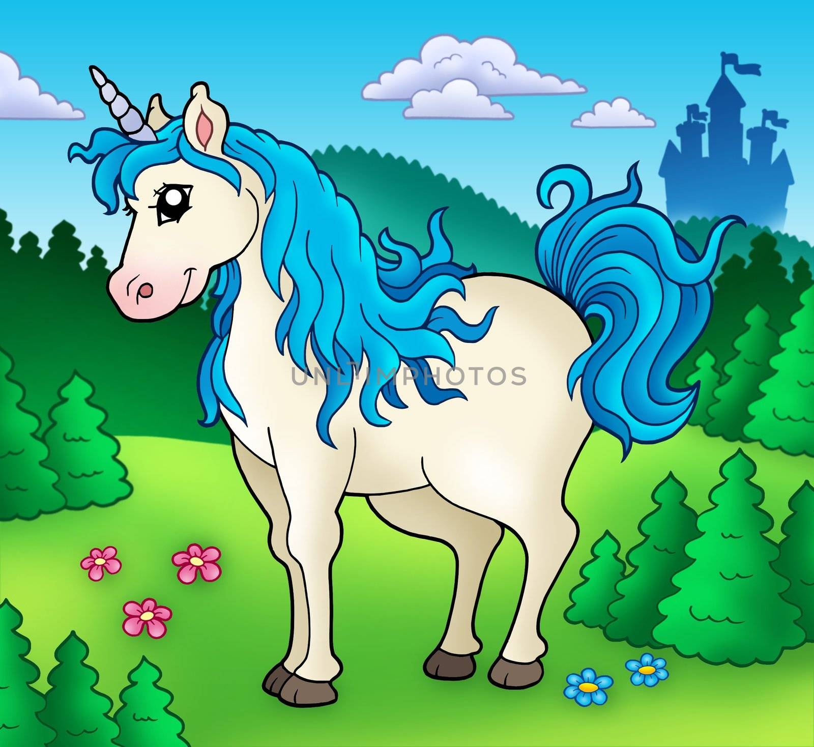 Cute unicorn in forest - color illustration.