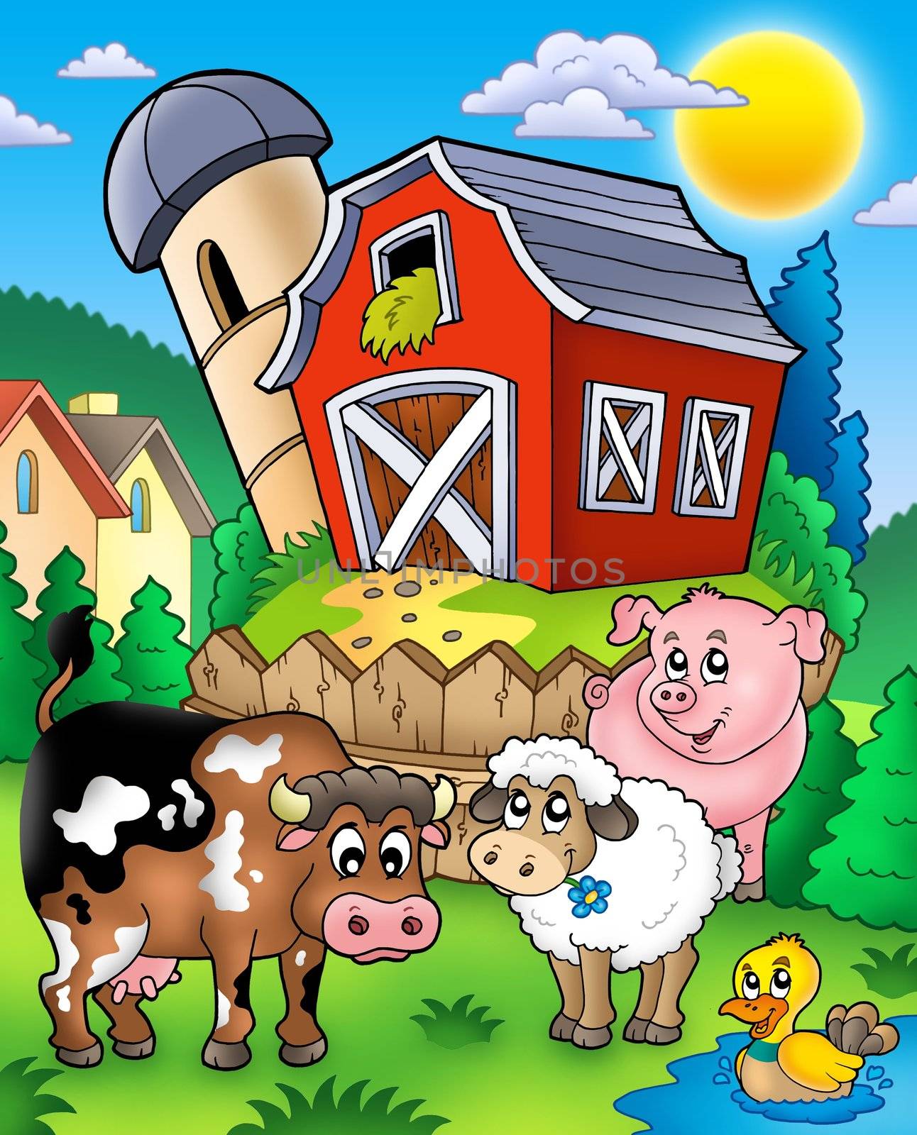 Farm animals near barn - color illustration.