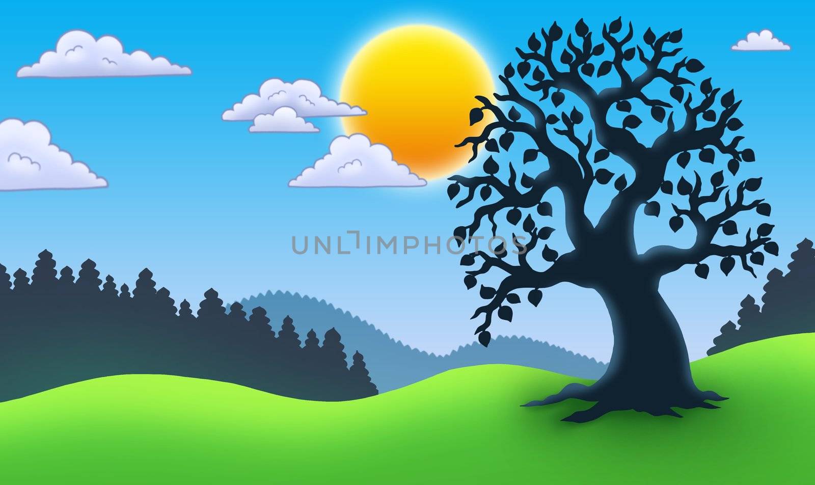 Leafy tree silhouette in landscape - color illustration.